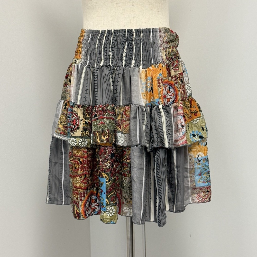 Upcycled Boho Vintage Silk Patchwork Ruffle Mini Skirt One Of A Kind Free Size
